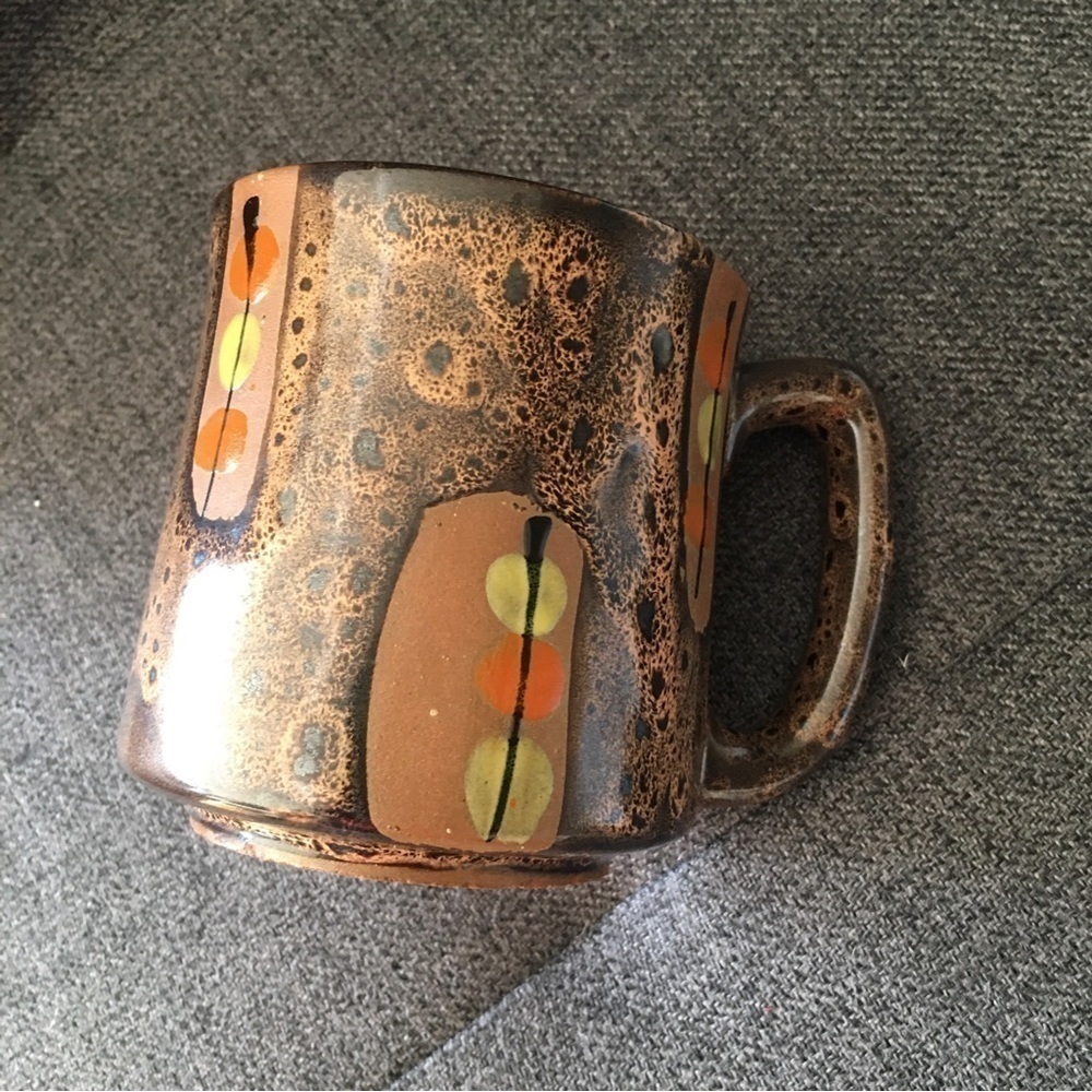Handmade Mug in Neutral + Neon Artistic Splatter Pattern, Brown, Orange, 10oz